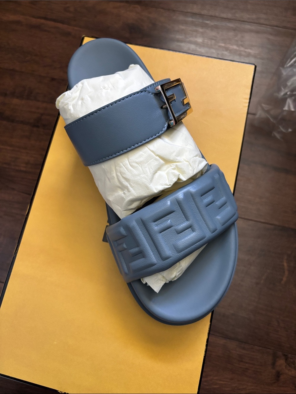 Fendi Blue Leather Logo Slide Sandals